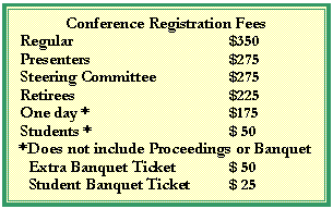Text Box: Conference Registration Fees
Regular 	         		$350
Presenters                	 	$275 
Steering Committee  		$275
Retirees                    		$225
One day *                  		$175
Students *  			$ 50
*Does not include Proceedings or Banquet 
  Extra Banquet Ticket		$ 50
  Student Banquet Ticket	$ 25

